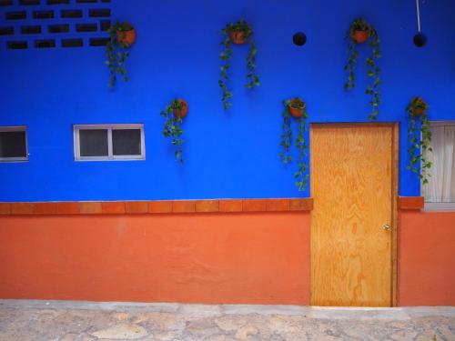 a blue wall with a door and plants on it at Hotel Don Candido in Tuxtla Gutiérrez