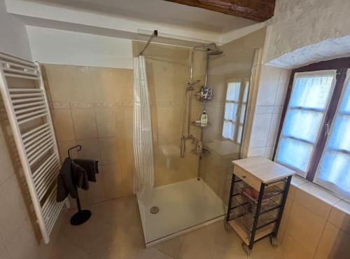 a large bathroom with a shower and a sink at Istrian Private Garden Oasis in Žminj