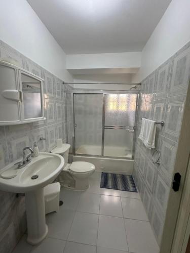 a bathroom with a sink and a toilet and a shower at Central Suites Jaraba in Jarabacoa