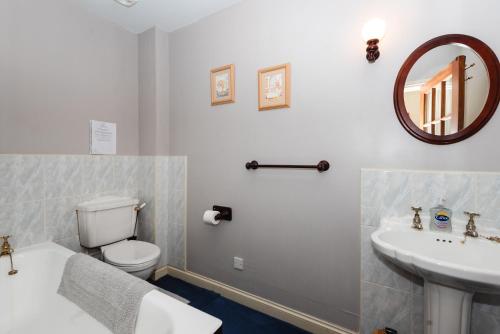 a bathroom with a sink and a toilet and a mirror at Blueberry Cottage in Wooler
