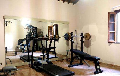 a gym with several tread machines and a mirror at Villa With Pool, Gym, Pond And Panoramic Views in Laterina