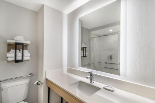 a white bathroom with a sink and a mirror at Hampton Inn Atlanta-Stockbridge in Stockbridge