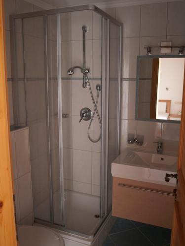 a bathroom with a shower and a sink at Frühstückspension Tannenhof in Kirchberg in Tirol