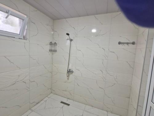 a bathroom with a shower with white marble tiles at Grigoleti Royal in Grigoleti