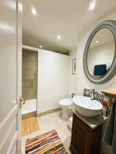 a bathroom with a sink and a toilet and a mirror at Maison Chinsa in Saint-Angeau