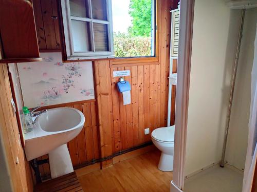 a bathroom with a sink and a toilet at La maison bleue in Saint-André-dʼHébertot