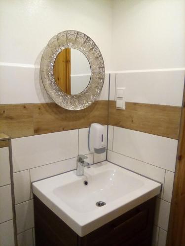 a bathroom with a sink and a mirror at Monteurzimmer Ehmen in Wolfsburg
