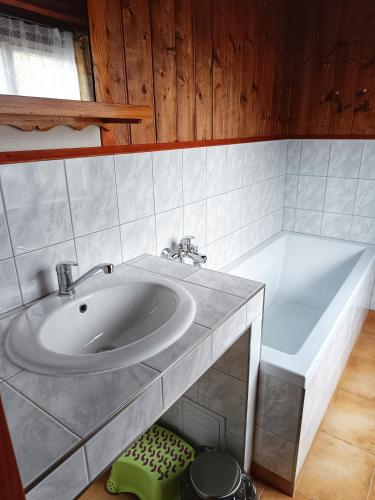 a bathroom with a sink and a bath tub at Chalupa Něža in Petrovice