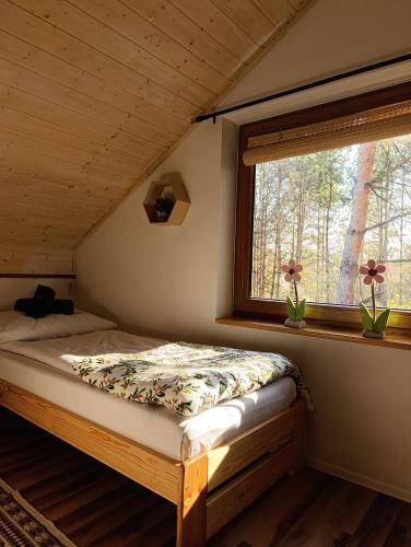 a bed in a room with a window at Dom całoroczny Leśny Czar balia, sauna na 12 osób in Raków