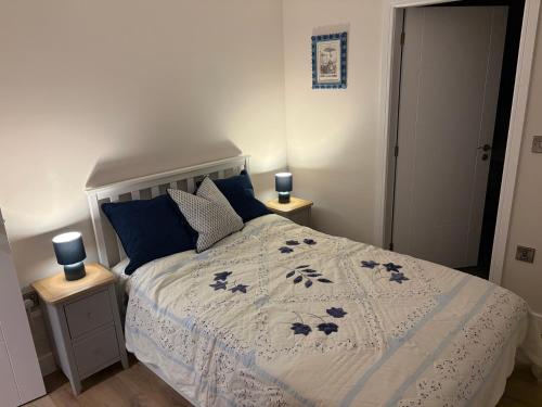 a bedroom with a bed with blue pillows at Cross Winds in Lancaster
