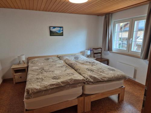 a bedroom with a bed and a window at Nenis Hüsli in Diesbach