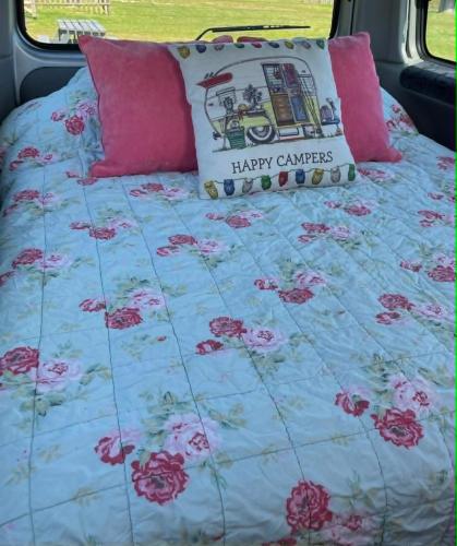 a bed with a happy camels pillow and pink pillows at Allys cute Campervan in Carbis Bay