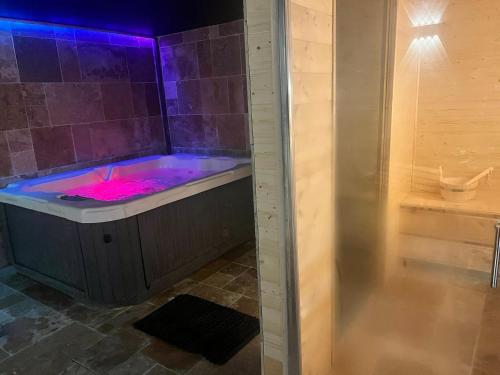 a bathroom with a tub with purple lights at Stawalters in Kirrwiller