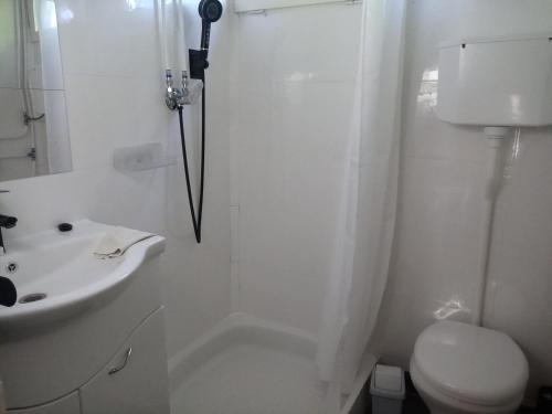 a white bathroom with a toilet and a sink at Peace House in Esztergom