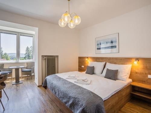 a bedroom with a large bed and a table and chairs at EA Hotel Lipno in Černá v Pošumaví