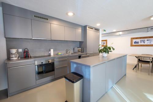 a kitchen with stainless steel appliances and a table at Vercorin group lodge 18 people in Chalais
