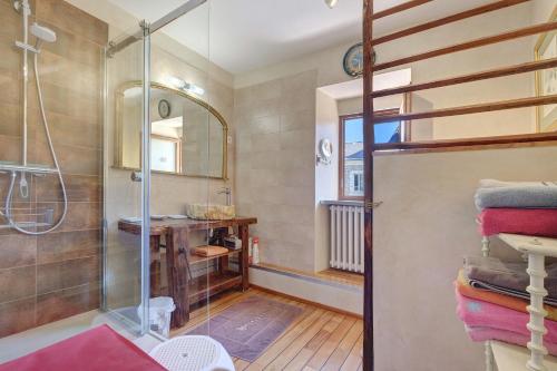 a bathroom with a shower and a glass shower stall at Maison des papillons Daglan in Daglan