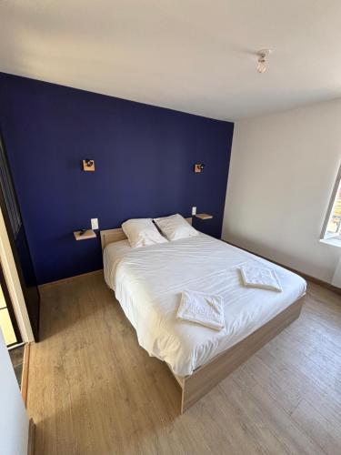a bedroom with a large bed with a blue wall at Gîte des vignobles de Reuilly in Reuilly