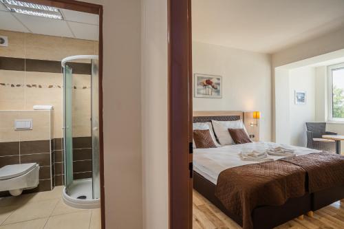 a bedroom with a bed and a bathroom with a shower at EA Hotel Lipno in Černá v Pošumaví
