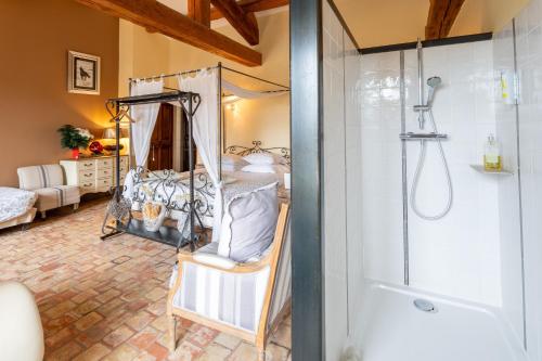 a bathroom with a shower and a chair in a room at Mas Loisonville - 32 couchages in Grillon