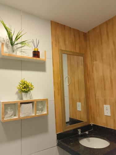 a bathroom with a sink and a mirror at Apto Beira Mar - Enseadas dos Corais in Cabo de Santo Agostinho