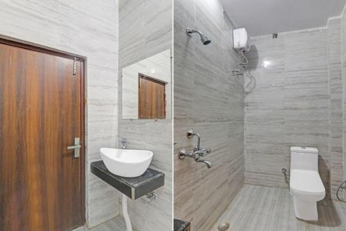 two pictures of a bathroom with a toilet and a sink at Amba heritage house in Prayagraj