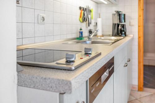a kitchen with a sink and a counter top at Ferienwohnung am Schusterhof in Wonneberg