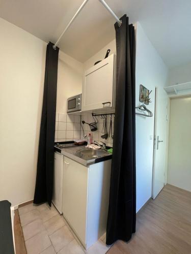 a small kitchen with a sink and a refrigerator at Paulibude in Hamburg