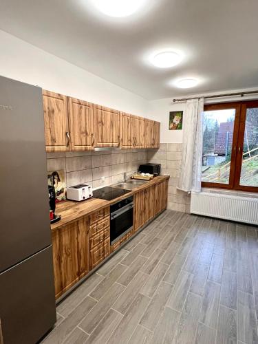 a kitchen with wooden cabinets and a refrigerator at Caesars HOUSE Lac Belis in Luna de Sus