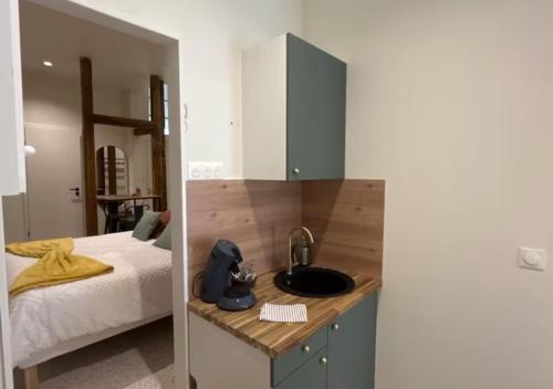 a kitchen with a sink and a bed at Appartement Central avec Jacuzzi Privé I Strasbnb in Strasbourg