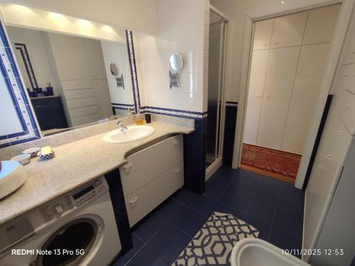 a bathroom with a sink and a washing machine at La place du Coeur in Pont-Saint-Martin
