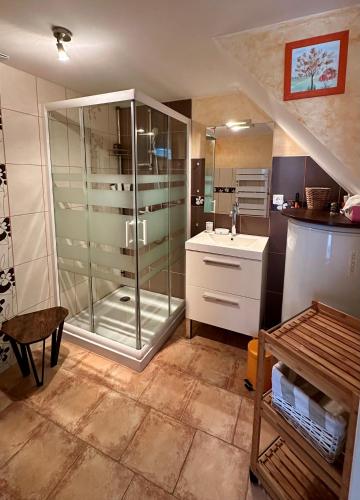 a bathroom with a shower and a sink at Gîte La Thibaud in Lavernat