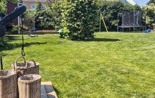 a yard with two wicker baskets on the grass at Awesome Home In Sölvesborg With Wifi in Sölvesborg