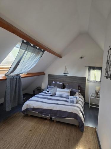 a bedroom with a large bed in a attic at Villa du Marais in Ri