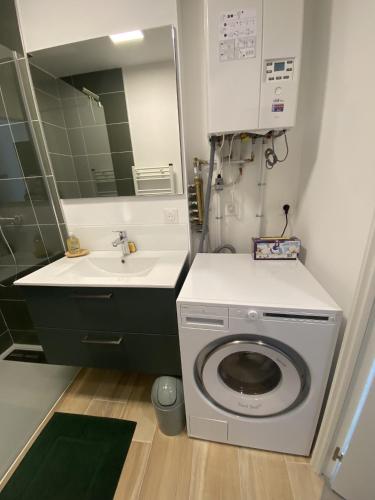 a bathroom with a washing machine and a sink at Duplex 3 chambres Etoile du sud in Le Lioran