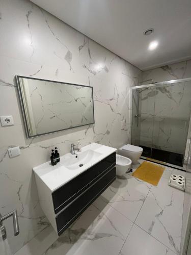 a bathroom with a sink and a mirror and a toilet at Casa Augusta 4 in Braga