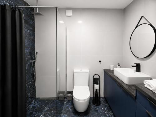 a bathroom with a toilet and a sink and a mirror at VeloDomki Żywiec - domki nad Jeziorem Żywieckim in Żywiec