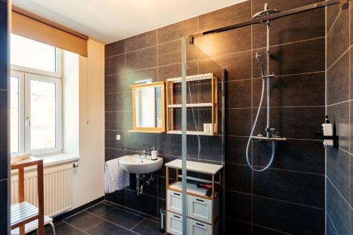 a bathroom with a sink and a shower at Das Karl August in Fohnsdorf
