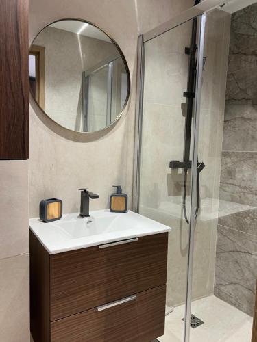 a bathroom with a sink and a shower with a mirror at Studio Noélie in Antibes