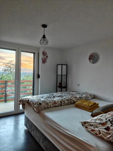 a bedroom with a large bed and a large window at Počitniška hiša Kuferland in Dobrovnik