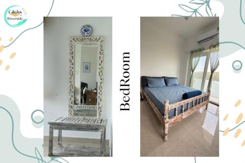 a bedroom with a bed and a mirror and a stool at Riverfront By Gikijoy in Agarvado