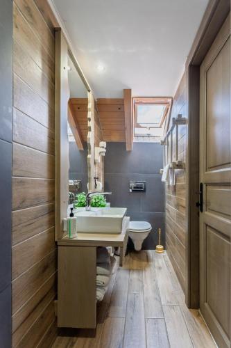 a bathroom with a sink and a toilet at Pensiunea Mama Cozonacilor in Bran