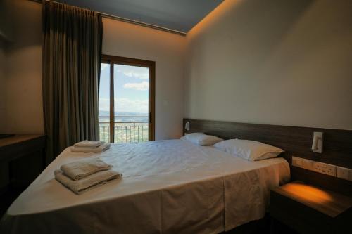 a bedroom with a large bed with a large window at Pissouriana hotel Apartments in Pissouri