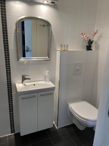 a bathroom with a sink and a toilet and a mirror at Lindum Hotell in Suldalsosen