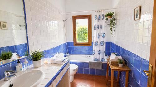 a blue and white bathroom with a toilet and a sink at La Casa de Pría in Garaña