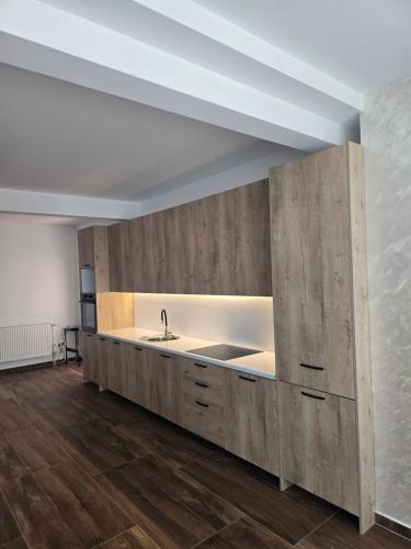 a kitchen with a sink and wooden cabinets at Hotel Arbëri Events in Rahovec