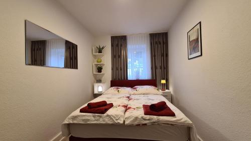 a bedroom with a bed with red pillows on it at Natursteinvilla am Goldberg in Hagen