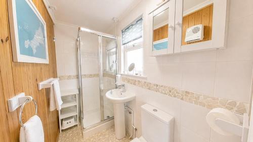a white bathroom with a toilet and a sink at F59 Trevone, Riviere Towans in Hayle