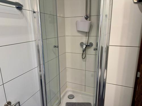 a bathroom with a shower with a glass door at Die Schlafstube - Apartments und mehr in Neuharlingersiel