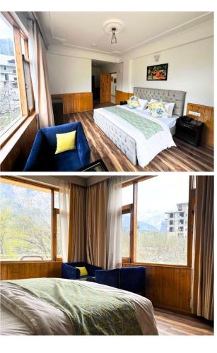 a bedroom with a bed and a large window at Snow Range Cottages in Manāli